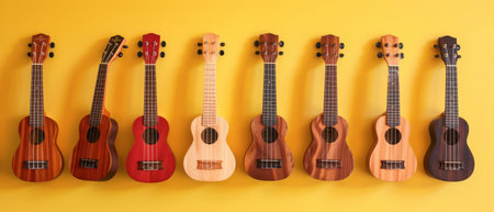 Eight ukuleles, each a different color, are hung on a yellow wall. The ukuleles are all in focus, and the yellow background is slightly blurred.の素材