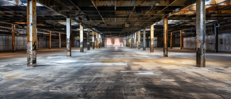 An empty industrial warehouse with a concrete floor and steel beams is shown in the image. The warehouse is large and open with many rows of pillars. The floor is dirty and dusty.の素材