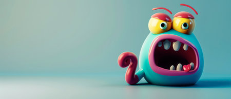 A blue monster with red eyebrows and a large open mouth sits on a blue background. The monster has large yellow eyes, a pink mouth, and white teeth. Its tail is a curly red shape. The background is a gradient blue that fades to a lighter blue at the bottom of the image.の素材