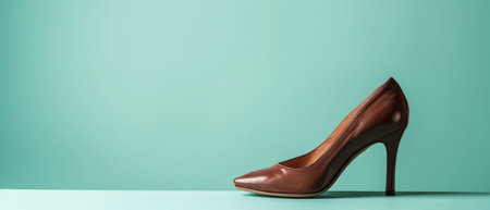 A single brown leather high heel shoe sits on a light teal background, positioned at a slight angle. The shoe's pointed toe and high heel add a touch of elegance to the minimal composition.の素材