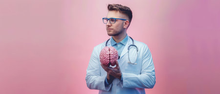 A young man wearing a white lab coat and stethoscope holds a pink plastic model of a human brain in his hands, looking off to the side against a pink background.の素材