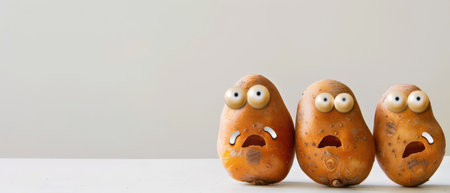 Three potatoes with googly eyes are arranged in a row on a white countertop. All three potatoes have their mouths open, looking as though they are scared or surprised.の素材