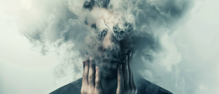 A man stands with his hands on his face, surrounded by thick, white smoke that obscures his features. The smoke is swirling around him, creating a sense of mystery and unease.の素材