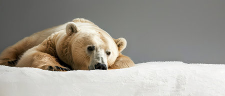 A large polar bear is lying down on a bed of white snow, its head resting on its paws. The bear has a calm expression and its fur is light brown and white. The background is a plain grey studio wall.の素材