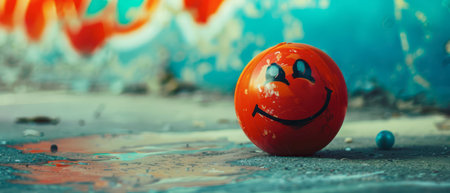 A red, rubber ball with a smiling face lies on a cracked, grey concrete surface. In the background, a faded blue wall with orange and white graffiti is visible.の素材