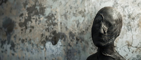 A close-up shot of a dark figure with a face covered in black material, standing in front of a wall with faded paint and cracks. The figure's face is partially obscured, revealing only one eye, creating a sense of mystery and unease. The image evokes a feeling of darkness and dread, hinting at a story of fear and secrets.の素材