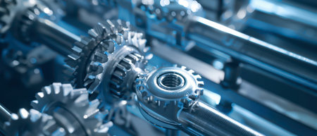 A close-up of a row of shiny metal gears and shafts. The gears are in focus, while the shafts are slightly out of focus, creating a sense of depth. The blue tones of the image evoke a feeling of a clean, industrial setting.の素材