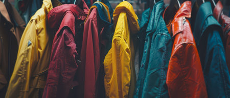 A close-up image of a row of colorful raincoats hanging on a rack in a clothing store. The jackets are in various shades of red, yellow, and blue. They are all hanging neatly, with their collars turned up.の素材