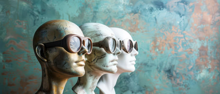 Three mannequin heads with different skin tones are wearing round, oversized sunglasses. The heads are positioned next to each other, facing the same direction. The background is a textured teal wall.の素材
