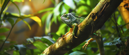A green iguana with a spiky crest sits perched on a thick, weathered branch in a lush rainforest. Sunlight filters through the leafy canopy above, casting a dappled light on the reptile. The iguana's scales shimmer in the light, and its bright green body contrasts with the browns and greens of the surrounding foliage.の素材