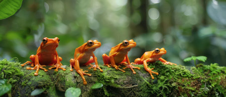 Four orange poison dart frogs sit perched on a mossy branch, with a lush green rainforest in the background. The frogs are facing forward with their eyes wide open, and their limbs are spread out.の素材