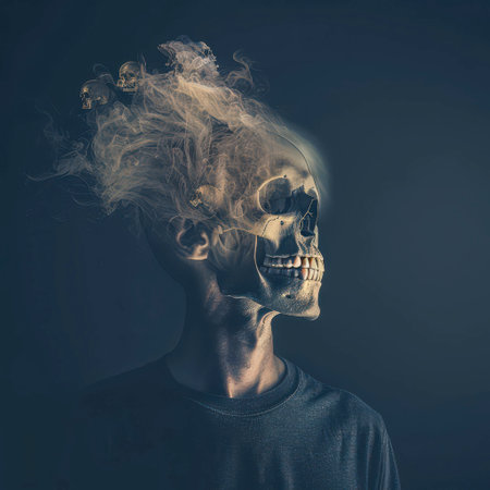 This artwork features a human skeleton with an intricate design, emanating swirling smoke from the head. The dark background accentuates the ethereal glow surrounding the skull, creating a haunting and thought-provoking visual experience.の素材