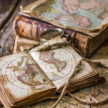 An assortment of antique maps and worn books occupies a rustic wooden table, showcasing intricate details of geography. A vintage magnifying glass lies nearby, inviting exploration of the mapsの素材