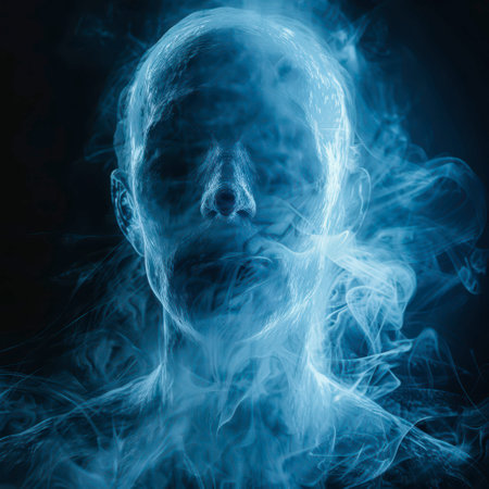 A figure emerges with a serene expression, partially shrouded in blue smoke that swirls gracefully around the head and shoulders. The ethereal quality of the image creates a dreamlike atmosphere, blending the contours of the face with the swirling patterns.の素材