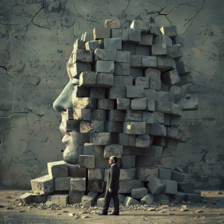 A man dressed in a suit walks beside a towering sculpture composed of gray cubes that depict a giant face. The background reveals a cracked wall, suggesting an abandoned urban setting. The contrast between the man's formal attire and the rough sculpture emphasizes themes of industry and identity.の素材