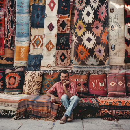 A man relaxes on a colorful collection of handwoven rugs and cushions in a vibrant market. The walls are adorned with a variety of intricate textile patterns. The atmosphere is lively as visitors explore the rich craftsmanship.の素材