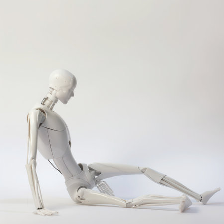 A white articulated human figure is positioned in a relaxed sitting pose against a neutral background. The figure showcases flexible joints and realistic proportions, highlighting its design and craftsmanship.の素材