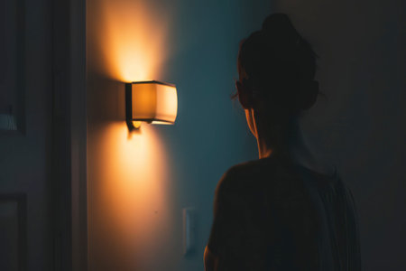 A person is seen from behind, standing in a dimly lit hallway. The warm glow from a wall sconce illuminates the space, creating a serene atmosphere, while the figure appears contemplative and unaware of the viewer. The overall mood conveys a sense of tranquility and introspection in the nighttime setting.の素材