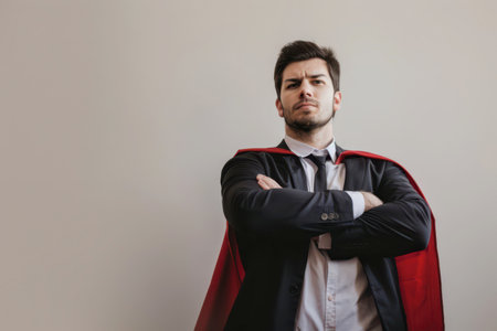 A young man stands confidently with his arms crossed, dressed in a formal suit and a red cape. He presents a serious expression, suggesting a powerful persona. The plain background emphasizes his character.の素材