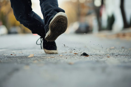 A person is walking briskly down a street, their foot kicking up dust and small debris from the pavement. The autumn light casts a warm glow, illuminating the scene with hints of fall foliage in the background.の素材