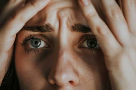 A young adult female displays visible signs of distress, gripping her head with both hands. Her wide eyes convey a mix of anxiety and concern, highlighting a moment of emotional turmoil. The close-up captures intricate details of her facial expression, emphasizing the intensity of her feelings.の素材