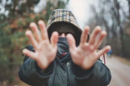 A person in a hooded jacket stands on a forest pathway, raising their hands in a stop gesture. The overcast sky creates a subdued atmosphere, and trees frame the scene, enhancing the feeling of isolation. The individual appears to be signaling for quiet or privacy.の素材