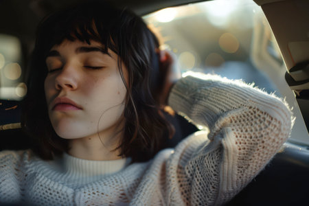 A young woman sits comfortably in a car, eyes closed and a serene expression on her face. Sunlight filters through the window, creating a warm ambiance. She seems to be enjoying a moment of tranquility, possibly listening to music and reflecting on her thoughts during a quiet afternoon.の素材