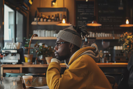 A young man in a beanie and yellow hoodie sits at a wooden table in a cozy cafの素材
