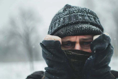 A person stands in a snowy environment, tightly gripping their gloves around their face to shield themselves from the biting cold. The landscape is blanketed in white, evoking a sense of winter chill and frost.の素材
