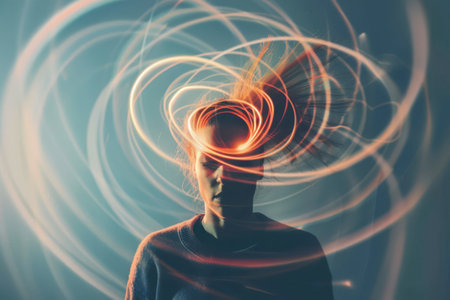 A woman stands still, her expression serene, as vibrant, swirling lights dance around her head, creating an ethereal atmosphere. The colors blend seamlessly, forming captivating patterns that evoke a sense of movement and creativity. The background is softly blurred, emphasizing the striking contrast with the lively illumination, suggesting an exploration of inner thoughts and emotions.の素材