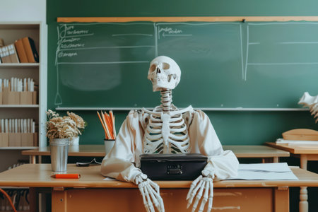 A classroom is presented with a skeleton sitting at a wooden desk, dressed in a white shirt. The chalkboard behind displays lists and reminders, while various school supplies are neatly arranged around the skeleton, creating an unusual yet captivating educational atmosphere.の素材