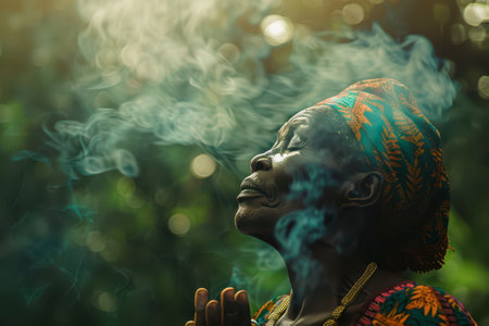 An elderly woman stands with her eyes closed, hands clasped in prayer as she breathes in swirling smoke. The background is filled with vibrant greenery, enhancing the serene atmosphere. Sunlight filters through the leaves, creating a warm, enchanting glow around her.の素材