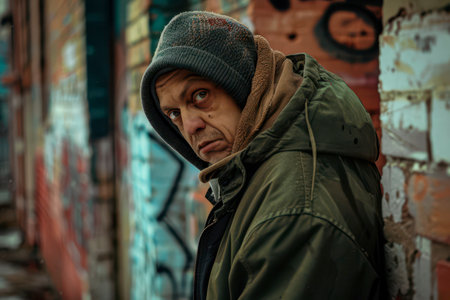 A man wearing a green jacket and a beanie leans against a wall adorned with vibrant graffiti. His expression shows weariness as he gazes toward the viewer, capturing a moment of reflection in an urban environment.の素材