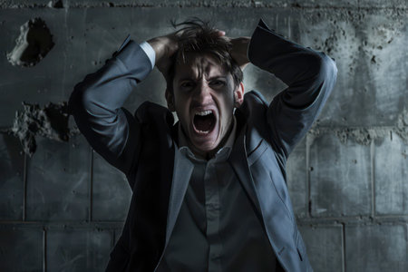 A man in formal attire is portrayed in a dark, industrial setting, gripping his hair in despair. His facial expression reflects intense frustration and helplessness, capturing a moment of emotional turmoil.の素材