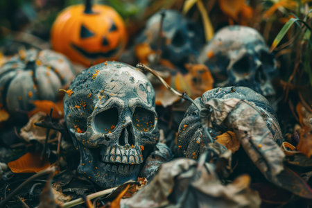 A collection of skulls and carved pumpkins rests among colorful autumn leaves, creating an eerie Halloween atmosphere in a natural setting.の素材