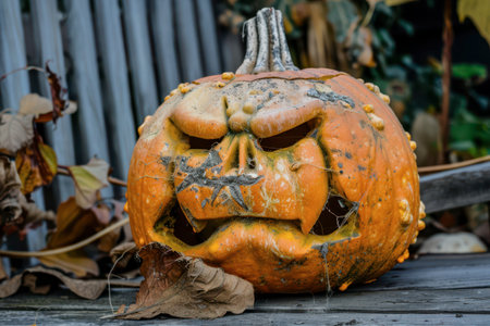 A carved pumpkin with a fierce expression sits on a wooden surface among dry autumn leaves, showcasing the festive spirit of Halloween.の素材