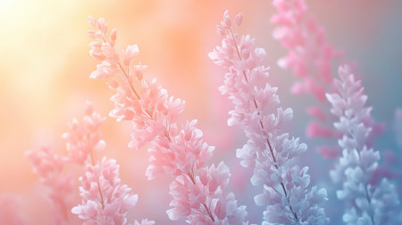 Delicate pastel blossoms sway gently in a tranquil garden illuminated by the soft light of dawn.の素材