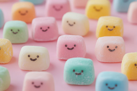 A variety of pastel-colored marshmallow cubes display cheerful smiling faces, arranged on a soft pink surface that enhances their vibrant hues.の素材