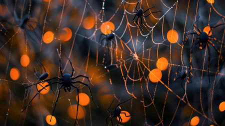Spiders create delicate webs, illuminated by warm, glowing autumn lights, showcasing natural artistry in a serene setting.の素材