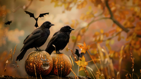 Two black crows sit atop weathered pumpkins with autumn leaves and flying bats in the background, showcasing a seasonal atmosphere.の素材