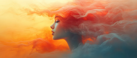 A profile of a woman emerges from vibrant swirls of orange and blue clouds during sunset, capturing a moment of tranquility and beauty.の素材