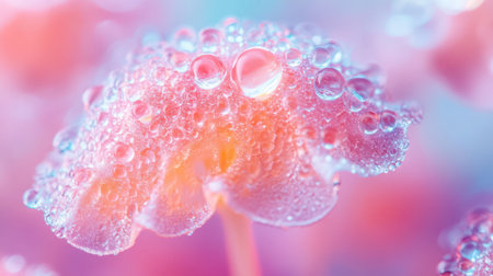 Delicate flower petal adorned with sparkling dew drops in soft pastel colors, captured during the early morning light.の素材