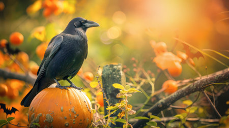 A raven stands on a pumpkin surrounded by vibrant autumn leaves during sunset, capturing the essence of fall in a peaceful setting.の素材