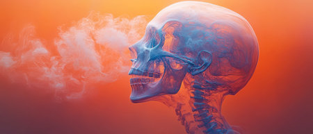 A transparent skull exhales smoke, creating a surreal effect against a vibrant orange twilight backdrop.の素材