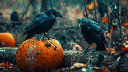 Two crows stand beside an orange pumpkin surrounded by autumn leaves, creating a moody atmosphere in the forest.の素材