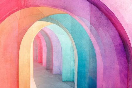 Brightly painted archways create a colorful pathway, inviting visitors into a whimsical space filled with artistic exploration.の素材