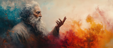 An elderly man with a long beard raises his hand, surrounded by vibrant swirls of blues, oranges, and reds, creating a dramatic and mystical atmosphere.の素材