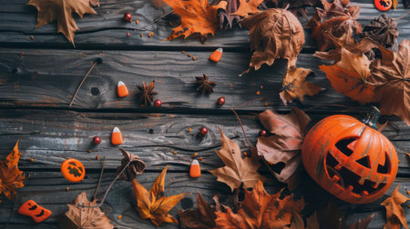Colorful autumn leaves, a carved pumpkin, and candy corn scattered on a rustic wooden table create a festive Halloween atmosphere.の素材