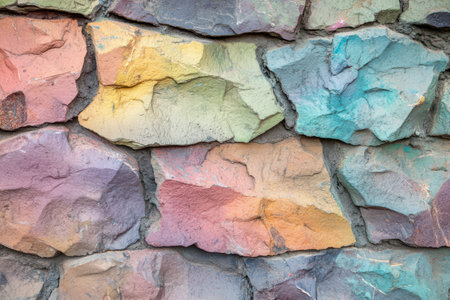 A vibrant stone wall displays a mosaic of pastel colors, reflecting sunlight and adding a lively touch to the surrounding environment.の素材