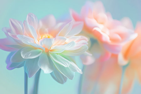 Delicate flowers with pastel hues bask in soft daylight, creating a tranquil and dreamy atmosphere.の素材